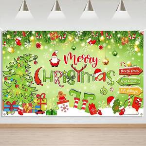 lot 6316 image: Mocsicka Merry Christmas Backdrop Green Cartoon Funny Christmas Tree Background Christmas Party Gifts Decorations Props