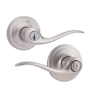 lot 6414 image: Kwikset Tustin Entry Door Handle with Lock and Key, Secure Keyed Reversible Lever Exterior, For Front Entrance and Bedrooms, Satin Nickel, Pick Resistant Smartkey Rekey Security and Microban