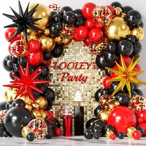 lot 6428 image: LOOLEY 137Pcs Red Black Gold Balloons Garland Arch Kit with Stars - 5 10 12 18 inch Red Black Gold Confetti Latex Balloons for Graduation Hollywood Casino Theme Party Decorations