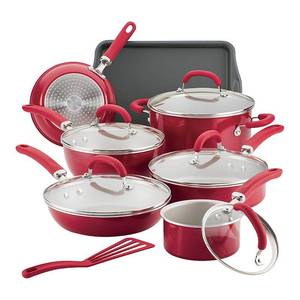 lot 7605 image: Rachael Ray 13-Piece Create Delicious Aluminum Nonstick Cookware Set  Red Shimmer