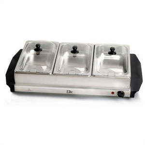 lot 7609 image: Elite Gourmet 7.5 Quart Triple Buffet Server Food Warmer Temperature Control  Clear Slotted Lids