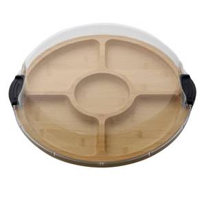 lot 7610 image: Farberware 14 Round Build-a-Board Charcuterie 5pkt Bamboo Board with Locking Lid and Black Handle (Broken)