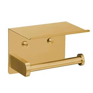 lot 8043 image: VAEHOLD Self Adhesive Toilet Paper Holder with Phone Shelf Stainless Steel Wall Mounted Toilet Paper Roll Holder - Rustproof and Bathroom Washroom Tissue Roll Holder with Storage Shelf - Gold