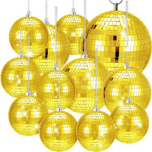 lot 9942 image: WILLBOND 12 Pack Disco Ball Mirror Ball with Hanging Ring for Fun Retro Disco Party Decorations Party Dj Lighting Effect Stage Props Game Accessories, 5.91, 3.94, 3.15, 2.36(Gold)