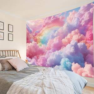 lot 10400 image: LB Pink Cloud Tapestry Pastel Cloud with Rainbow Sky on Colorful Background Tapestry Wall Hanging Aesthetic Nature Wall Decor for Bedroom Living Room Dorm 92.5Wx70.9L Inches
