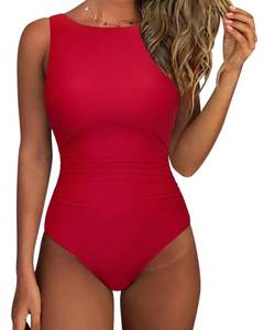 lot 10410 image: SUUKSESS Women Sexy One Piece Tummy Control Swimsuit Ruched High Neck Slimming Swimwear 2025 Low Back Bathing Suit(Red,Large)