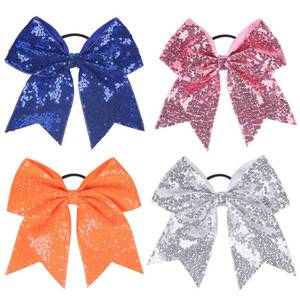 lot 10413 image: TUUXI 4pcs Large Glitter Cheering Bows 7 Inch Sequin Cheerleading Bows with Elastic Hair Ties Bands Ponytail Holder for Cheerleader Softball Football Competition College Sport Blue Pink Orange White