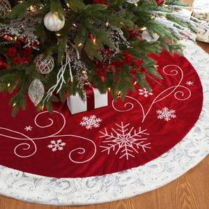 lot 10418 image: XAMSHOR Red Christmas Tree Skirt 48 Inches Snow Sequin Embroidery with White Trim Border Decor for Xmas Holiday Party Ornaments