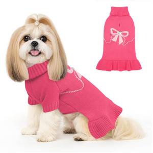 lot 10450 image: YUDODO Valentines Bowknot Dog Sweater Dress for Small Dogs Girl, Stretchy Pet Sweaters Pullover Coats, Winter Warm Dog Turtleneck Sweater for Chihuahua Yorkie (Pink, M)