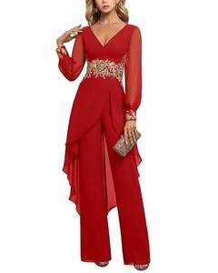 lot 10486 image: 2 Pcs Pant Suits for Women Dressy - Gold Embroidery Chiffon Long Sleeve Mother of The Bride Pantsuit for Wedding Outfit Red Size 14