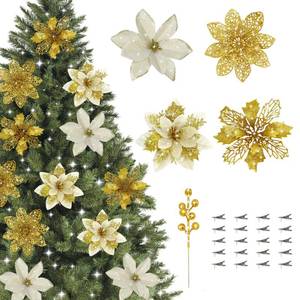 lot 10489 image: ZIJIN 36 Pcs Poinsettia Flowers Artificial with Clips and Berry Stems Christmas Flowers Glitter Ornaments for Christmas Tree Wreath Fireplace Stairs Decorations (Gold)