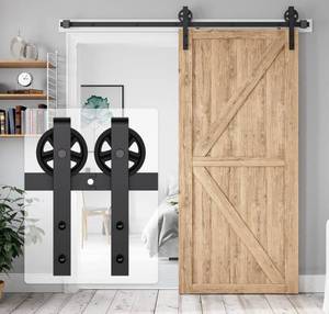 lot 12293 image: HomLxaLx 6.6FT Heavy Duty Barn Door Hardware Kit, Sliding Barn Door Hardware Kit for Wood Single Barn Door, Fit 1 38-1 34 Thickness & 40 Wide Door Panel, Black, Industrial Big Wheel J Hangers