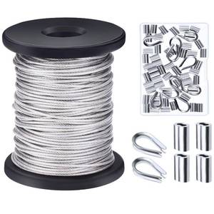lot 12299 image: Canomo 116 inch x 98 Feet (1.5mm x 30m) Vinyl Coated Stainless Steel Picture Hanging Wire Rope Cable with 50 Pieces Aluminum Crimping Sleeves, 10 Pieces Thimble and 50 Pieces D-Ring Hangers