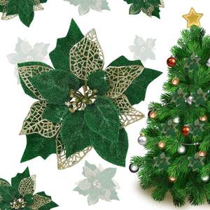 lot 12300 image: Jims Cabin Artificial Flowers Pack of 12 Glitter Poinsettias for Christmas Tree Ornaments Butterfly Christmas Gold Decorations (Green)