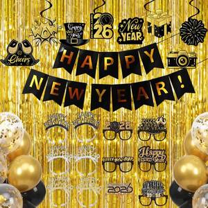 lot 12322 image: New Year Eve Party Supplies 2026, Happy New Year Decorations Banner Headbands Glasses Hanging Swirl 2026 Foil Balloons Gold Fringe Curtain for NYE Decorations