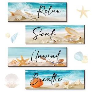 lot 12367 image: Yulejo 4 Pieces Ocean Beach Bathroom Wall Decors Wood Relax Soak Unwind Breathe Art Sign Hanging Seashell Starfish Wooden for Living Room Laundry Spa Washroom