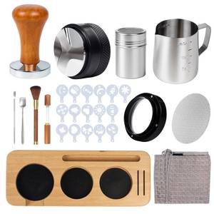 lot 13423 image: 28PCS Espresso Accessories Kit,51mm Espresso Tamper Tools,Includes Wood Station,Distributor,Stirrer,Dosing Funnel,Brush,Puck Screen,Frothing Pitcher,Latte Pen,Powder Ring,Towel,Decorative Stencils