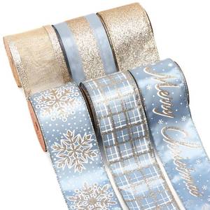 lot 14003 image: Ribbli Christmas Ribbon Wired Dusty Blue with Champagne Glitter Christmas Tree Ribbons for Crafts Gift Wrapping Wreaths Garland Home Decor -2.5 Inch x 6 Rolls Total 36 Yard