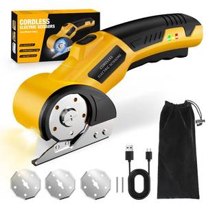 lot 14005 image: Zeleki Cordless Electric Scissors 4V Rechargeable Cardboard Cutter, 3 Blades, Safety Lock & LED Light, Box Cutter for Carton Carpet Plastic Fabric Leather(Yellow��