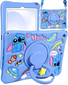 lot 14042 image: JoySolar for iPad 7th8th9th Gen Case - Soft Silicone Cute Cartoon Case with Rotationg Stand & Shoulder Strap, Shockproof Cover for Kids Girls Boys, Blue
