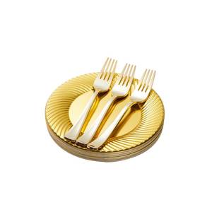 lot 14043 image: N9R 60pcs Gold Plastic Dessert Plates with Forks, Include 30pcs Disposable Dessert Plates 7 inch, 30pcs Gold Plastic Forks 7.4 inch for Parties Weddings Birthday