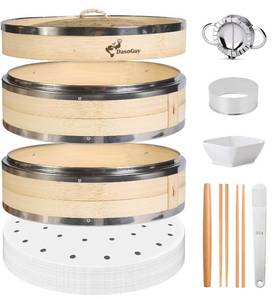 lot 15331 image: Bamboo Steamer Basket, Stainless Steel Reinforced Rim, 12-Inch 2-Tier Steamer for Cooking, 50 Liners Chopsticks Sauce Dish Dumpling Makers, Steaming Asian Food Bao Buns Dim Sum Rice Veggies Steam Pot