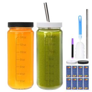 lot 15339 image: Salzesfalls 16oz Juice Bottles,Clear Glass Bottles with Lids and Straws,Reusable Juicing Containers with Labels,Clear Drinking Jars for Juice,Smoothies,Tea,Iced Coffee,Kombucha,2 Pack