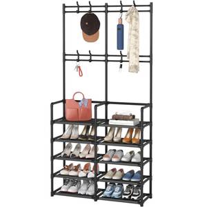 lot 15340 image: Laiensia 5-Tier Entryway Coat Rack, Coat and Shoe Rack, Entryway Bench Storage Organizer with 8 Hooks for Bedroom, Hallway, Office, Black
