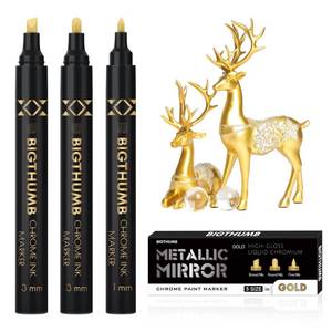 lot 16018 image: BIGTHUMB 2Pcs Liquid Chrome Paint Markers, Gloss Mirror Marker, Oil-based Permanent Chrome Maker, Reflective Metallic Pen Markers for Repairing, Model Painting DIY Art Projects, Gold