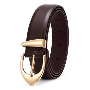 lot 16019 image: XZQTIVE Womens Leather Belts, Classic Minimalist Design For Jeans Pants Dresses, Chocolate Brown Belt With Gold Buckle