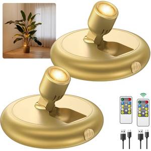 lot 16027 image: Rechargeable Battery LED Spotlight Indoor Wireless Mini Art Accent Spot Lights with Timer Remote - Small Dimmable Uplight for Plants Display Painting Dartboard Artwork Portrait Closet (2 Pack-Gold)