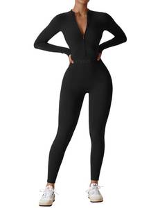 lot 16028 image: YEOREO Women Long Sleeve Workout Jumpsuit Zip Up Romper Bottom Pants Bodysuit Bodycon Sexy One Piece Black M