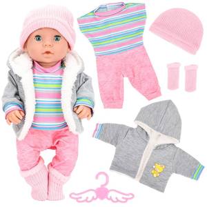lot 16030 image: 5 Pieces Baby Doll Clothes & Accessories with Outfit, Hat, Coat, Socks, Hanger for 14-16 inch Baby Dolls and 18 Inch Girl Doll(Doll NOT Include)