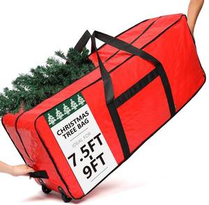 lot 16043 image: HOMEST Christmas Tree Storage Bag, Fits for 7.5-9 ft Xmas Artificials, Zippered Bag with Reinforced Carrying Handles and Wheels, Red (Bag Only)