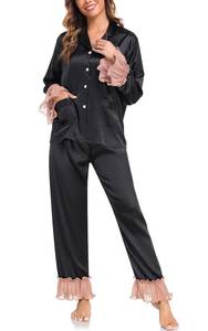 lot 16047 image: BestWendding Womens Silky Pajamas Ruffle Hem Long Sleeve Collar Shirt and Long Pants Button Up Lounge Sets with Pockets, Black Pink S