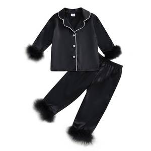 lot 16096 image: ZAXARRA Toddler Baby Girl Satin Pajamas Set Fuzzy Trim Long Sleeve 4 Button Down Shirt Tops Pants Little Kids Sleepwear suit (Black, 4-5 Years)