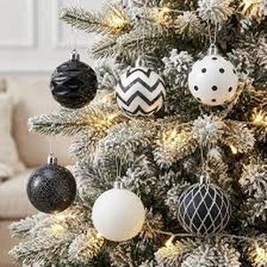 lot 1499 image: Black and white Christmas ornaments bulbs stars tree etc