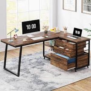 lot 7551 image: 3-Drawer L Shaped Corner Desk - Rustic Brown