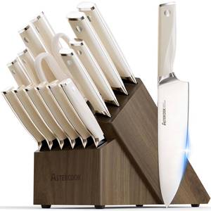 lot 1044 image: Astercook Knife Set Kitchen with Block and Sharpener Premium Full Tang 17 Pcs German Stainless Steel Knives Dishwasher Safe Kitchen Utensils Set with with and Anti-slip Ergonomic Handle, Cream White