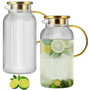 lot 1045 image: Buaic 2 PACK Glass Pitcher with Lid, 68 oz 2 Liter Classic Vertical Stripes Water Pitcher with Handle,Glass Water Carafe for Cold Brew, Coffee, Lemonade, Iced Sun Tea,Beverage,Heat Resistant