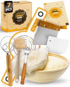 lot 1077 image: CRUSTLOVE Sourdough Kit inkl. 7 different Bread Making Tools like a 9 inches Sour dough Banneton Bread Proofing Basket - Bread Making Kit, Banneton-Basket, Sourdough-Starter-Kit-Supplies, Baking-Kit