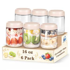 lot 1081 image: SECLENT Overnight Oats Containers with Lids, 16oz Glass Storage Containers with Lids, Wide Mouth Mason Jars, Glass Jars with Airtight Lids for Salad, Yogurt, Chia Seed, Pudding, Meal Prep 6-Pack