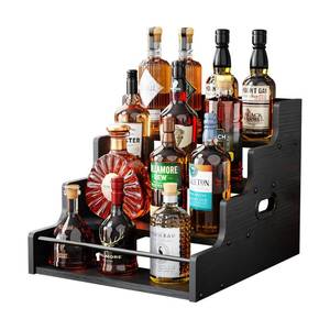 lot 1083 image: KLM Liquor Bottle Display Shelf, Coffee Syrup Rack Organizer, 4 Step Countertop Liquor Wine Rack, mini bar,liquor cabinet, Home Retro Bar Shelf Stand for Liquor Whiskey, (Black)