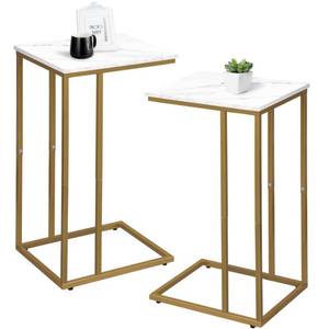 lot 1084 image: Possile C Shaped End Table Set of 2, Small Side Table for Sofa and Bed, Couch Tables That Slide Under, Snack Side Table for Living Room, Bedroom, White Faux Marble and Gold