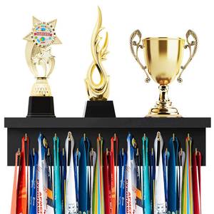 lot 1090 image: Threehoney Wooden Medal Hanger Display Trophy Holder Shelf with 2537496583 Hooks Wall Mount Ribbon Holder Gift for Gymnastics Running Soccer Awards(1.3ft16inch,Black Shelf Golden Hooks)