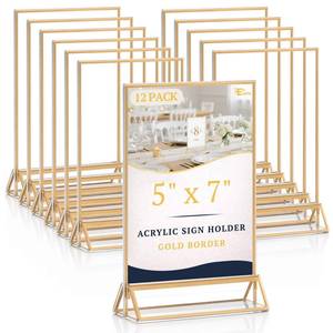 lot 1094 image: EHWINE 12 Pack Acrylic Sign Holder 5 x 7, Double Sided Gold Picture Frame Stand up Table Top Sign Holders, Clear Display Stand Menu Flyer Holder for Wedding Party (Provide Non-slip Mats)