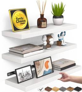 lot 1096 image: BAYKA White Floating Shelves for Wall �� Rustic Wood Wall Shelves with Metal Brackets for Bathroom, Bedroom, Kitchen, or Living Room Decor Organization �� Set of 3, Sturdy Storage with 22lb Capacity