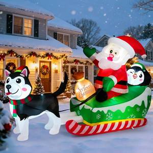 lot 1507 image: Meland Christmas Inflatables Outdoor - 9.5 FT Christmas Blow Ups Yard Decorations with Lights & Three Characters - Dog, Santa Clause on Sleigh, Penguin, Inflatable Decorations for Outside, Lawn Decor