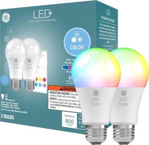 lot 2202 image: GE LED Color Changing LED Light Bulbs with Remote, No App or Wi-Fi Required, A19 Standard Bulbs (2 Pack)