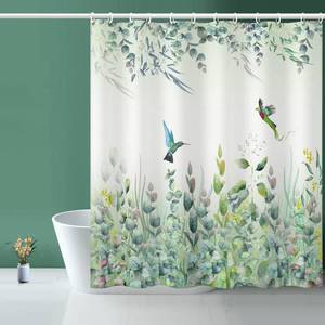 lot 2217 image: Niidder Green Leaf Shower Curtain, Emerald Bird Mint Green 72 ��W x 72�� L with 12 Hooks, Weighted Hem Bathroom Shower Curtain, Hummingbird Shower Curtains Water Resistant